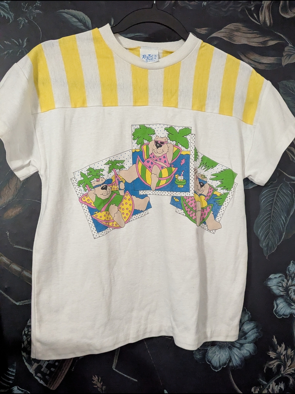 1980s  Retro Yellow Striped Bears On Vacation Baby Tee Women's XS (Youth L)